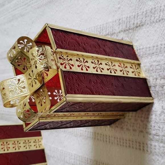 Avon present tea light candle holders with metal bow, designed glass, red gold - Picture 3 of 9